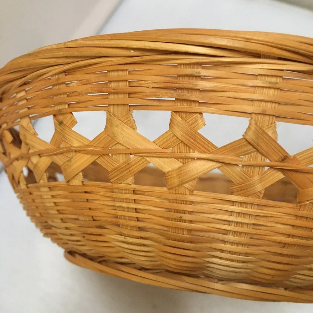 Woven Wicker Basket 8.5in Tan Round Lattice Boho Decor Cottagecore Beach Coastal